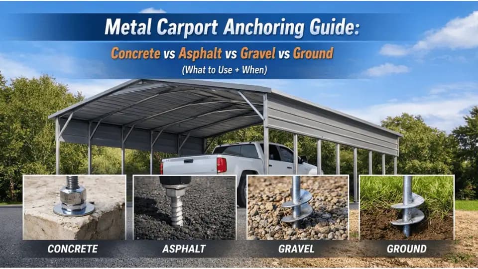 Metal Carport Anchoring Guide: Concrete vs Asphalt vs Gravel vs Ground (What to Use + When) — Get Carports blog