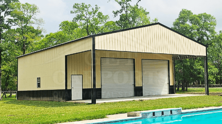 Bold red barndominium home with dark charcoal vertical roof and dual roll-up doors — Get Carports