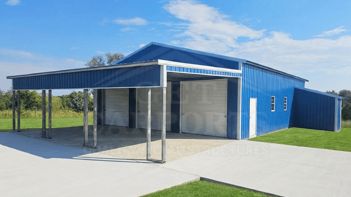 Modern white and black two-tone barndominium with dual-peak roof and covered entry porch — Get Carports
